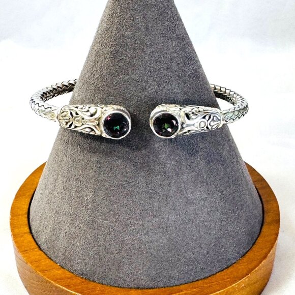 Sterling Silver 925 Mystic Topaz Hinged Bangle Bracelet Pierced Scroll Design - Picture 1 of 8